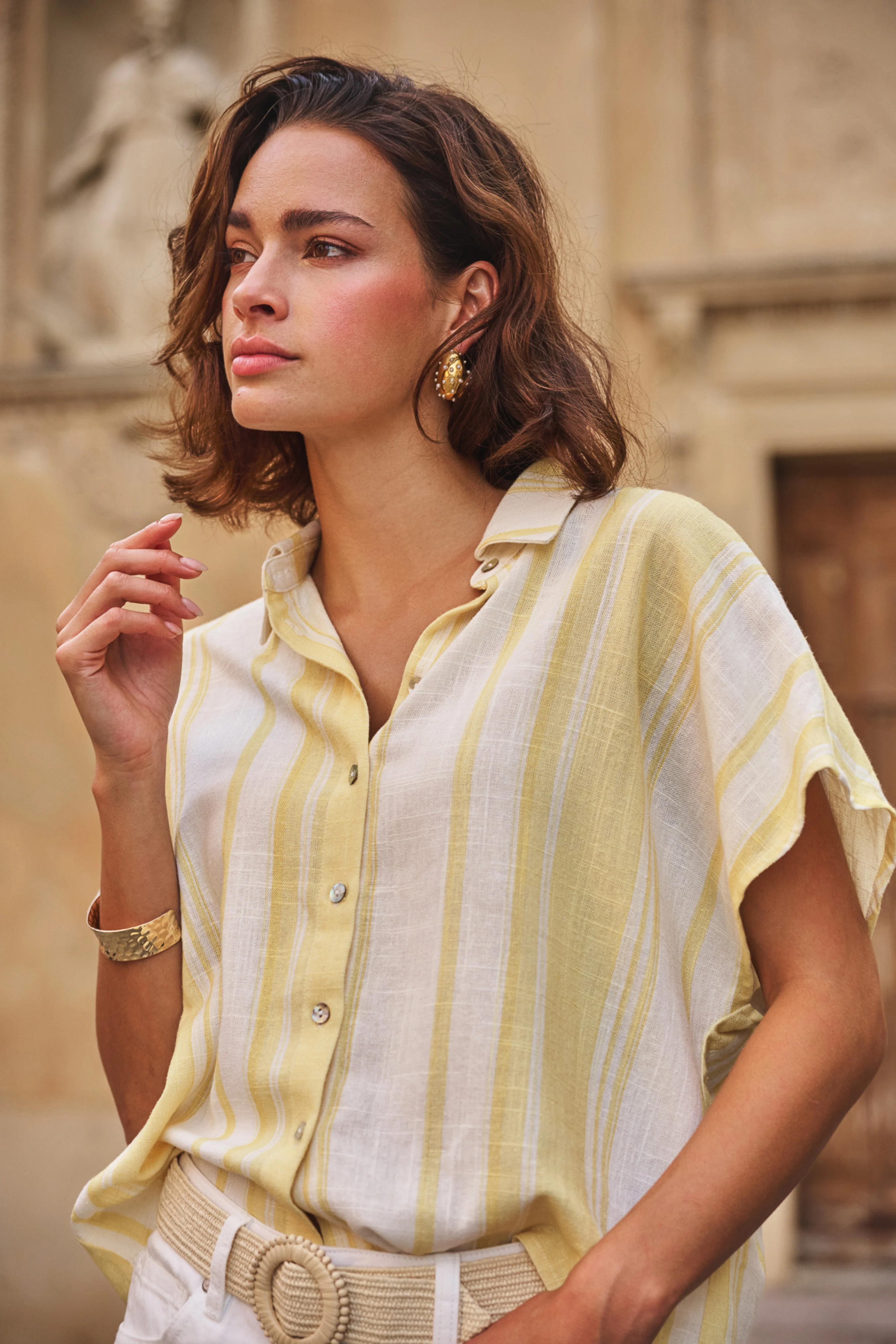 Blouse Short Striped Linen Offwhite Lemon HS26.28216
