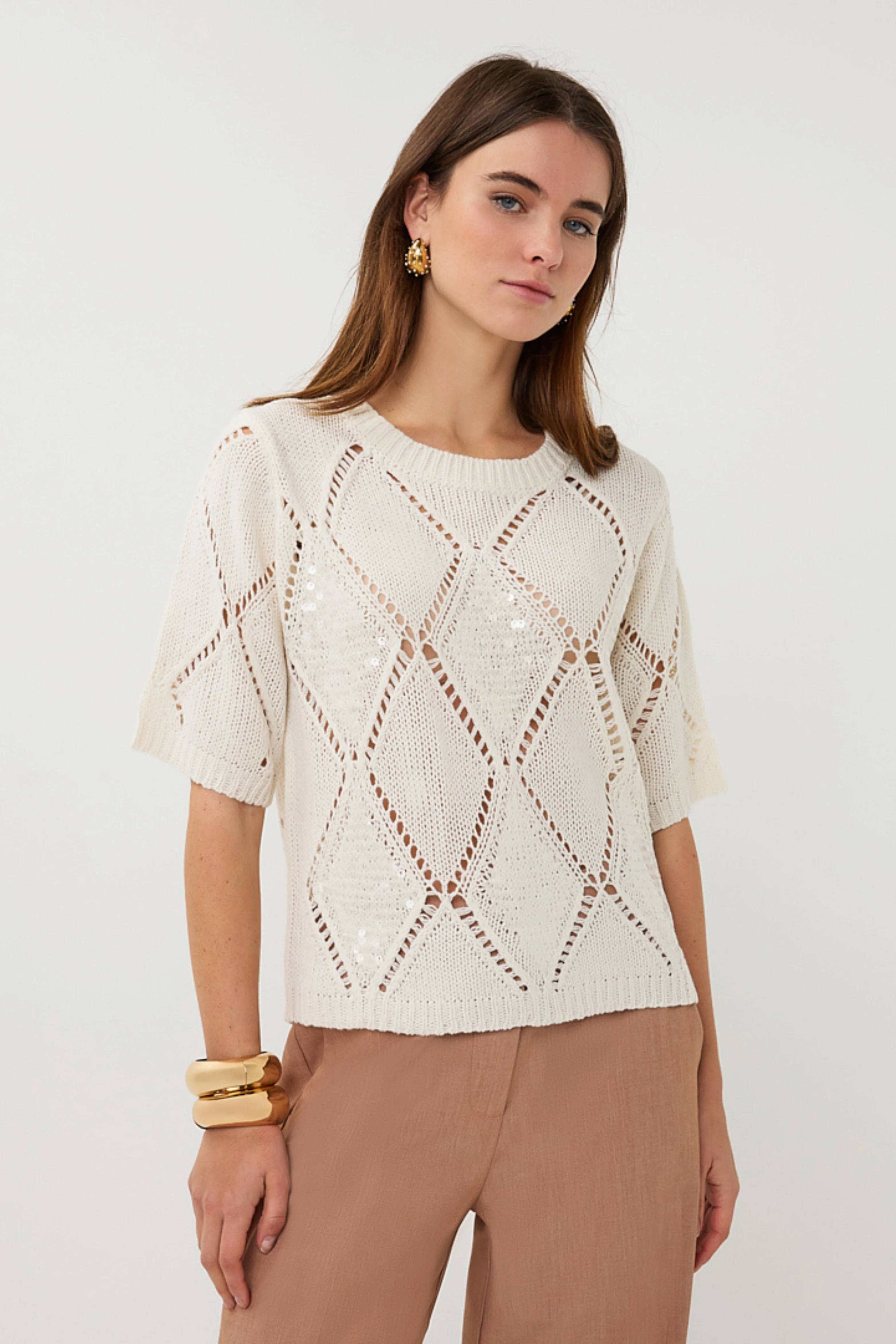 Sweater Ajour Diamond Sequins Ecru SP26.02016 - Image 3